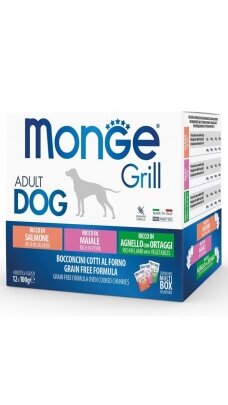 Monge Grill Multipack konservai šunims– ėriena su daržovėmis, kiauliena, lašiša, 100g x 12