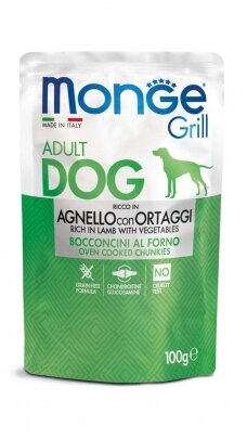 Monge Grill Multipack konservai šunims– ėriena su daržovėmis, kiauliena, lašiša, 100g x 12