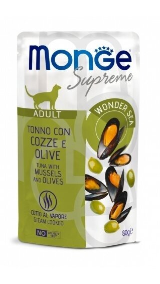 Monge SUPREME Adult Cat, tunas su midijomis ir alyvuogėmis 80g Monge SUPREME Adult Cat, tunas su midijomis ir alyvuogėmis 80g