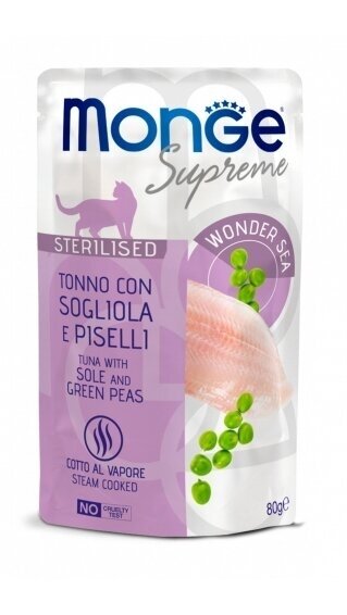 Monge SUPREME Sterilised Cat, tunas su geltonpelekėmis plekšniažuvėmis ir žaliais žirneliais 80g Monge SUPREME Sterilised Cat, tunas su geltonpelekėmis plekšniažuvėmis ir žaliais žirneliais 80g