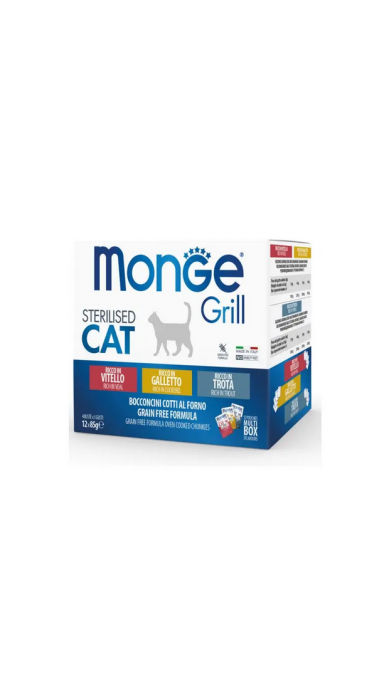 Monge GRILL MIX Cat Sterilised cockerell/veal/trout konservuotas pašaras katėms 85gx12 Monge GRILL MIX Cat Sterilised cockerell/veal/trout konservuotas pašaras katėms 85gx12