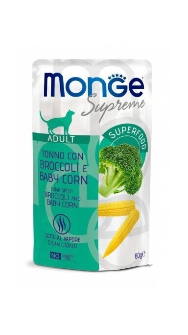 Monge SUPREME Adult Cat, tunas su brokoliais ir mini kukurūzais 80g Monge SUPREME Adult Cat, tunas su brokoliais ir mini kukurūzais 80g