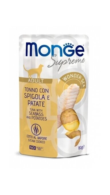 Monge SUPREME Adult Cat, tunas su jūros ešeriu ir bulvėmis 80g Monge SUPREME Adult Cat, tunas su jūros ešeriu ir bulvėmis 80g
