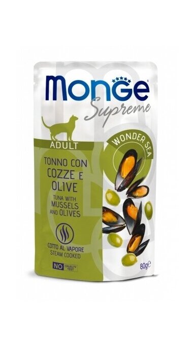 Monge SUPREME Adult Cat, tunas su midijomis ir alyvuogėmis 80g Monge SUPREME Adult Cat, tunas su midijomis ir alyvuogėmis 80g