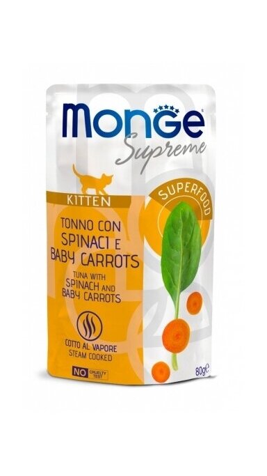 Monge SUPREME Kitten Cat su tunu, špinatais ir mažutėmis morkomis 80g Monge SUPREME Kitten Cat su tunu, špinatais ir mažutėmis morkomis 80g