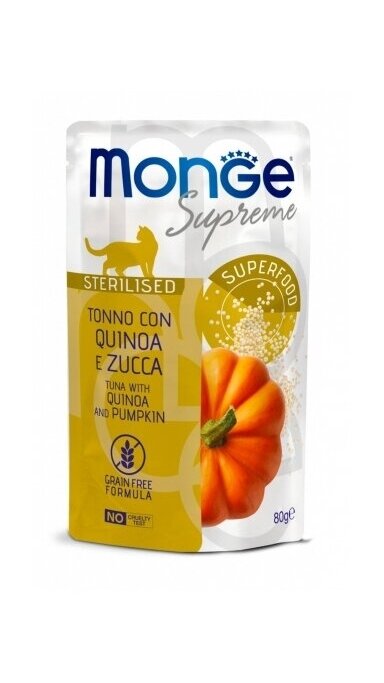 Monge SUPREME Sterilised Cat, tunas su bolivinėmis balandomis ir moliūgais 80g Monge SUPREME Sterilised Cat, tunas su bolivinėmis balandomis ir moliūgais 80g