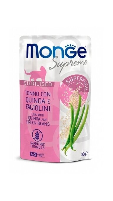 Monge SUPREME Sterilised Cat, tunas su bolivinėmis balandomis ir šparaginėmis pupelėmis 80g Monge SUPREME Sterilised Cat, tunas su bolivinėmis balandomis ir šparaginėmis pupelėmis 80g