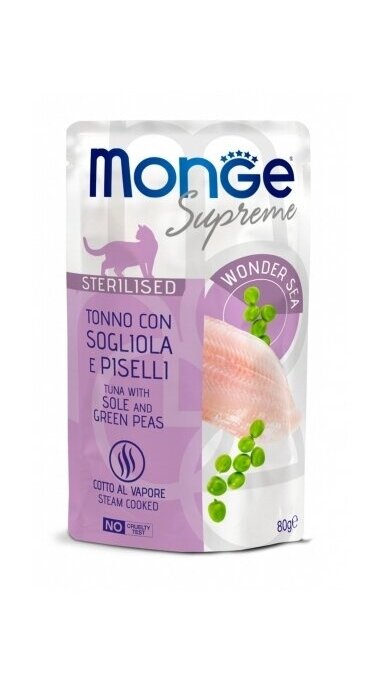 Monge SUPREME Sterilised Cat, tunas su geltonpelekėmis plekšniažuvėmis ir žaliais žirneliais 80g Monge SUPREME Sterilised Cat, tunas su geltonpelekėmis plekšniažuvėmis ir žaliais žirneliais 80g