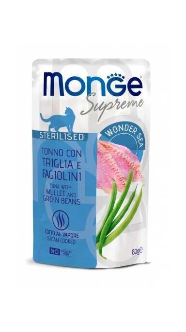 Monge SUPREME Sterilised Cat, tunas su kefalėmis ir šparaginėmis pupelėmis 80g Monge SUPREME Sterilised Cat, tunas su kefalėmis ir šparaginėmis pupelėmis 80g