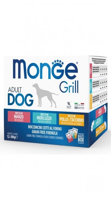 Monge Grill Multipack konservai šunims– Vištiena ir kalakutiena, jautiena, menkė, 100g x 12