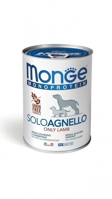 Monge Monoproteico "Solo" - šlapias paštetas šunims, 100% ėriena, 400g Monge Monoproteico "Solo" - šlapias paštetas šunims, 100% ėriena, 400g