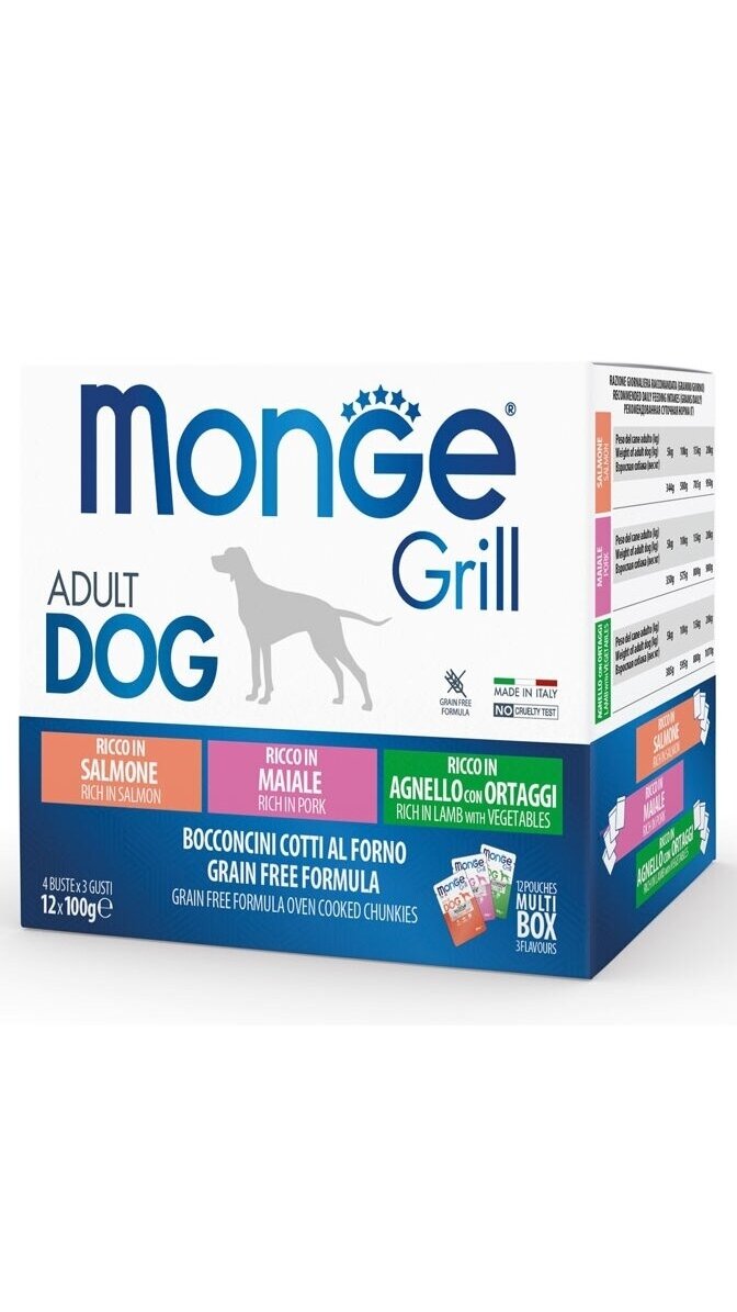 Monge Grill Multipack konservai šunims– ėriena su daržovėmis, kiauliena, lašiša, 100g x 12