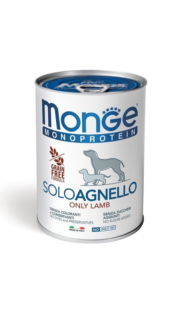 Monge Monoproteico "Solo" - šlapias paštetas šunims, 100% ėriena, 400g Monge Monoproteico "Solo" - šlapias paštetas šunims, 100% ėriena, 400g
